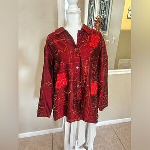 Maggie Barnes embroidered deep red iridescent button up jacket top size 1x